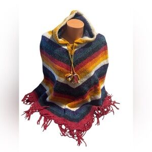Natives by Otavalo-Ecuardor Hooded Poncho Multicolor Wool Blend OS Boho Fringe